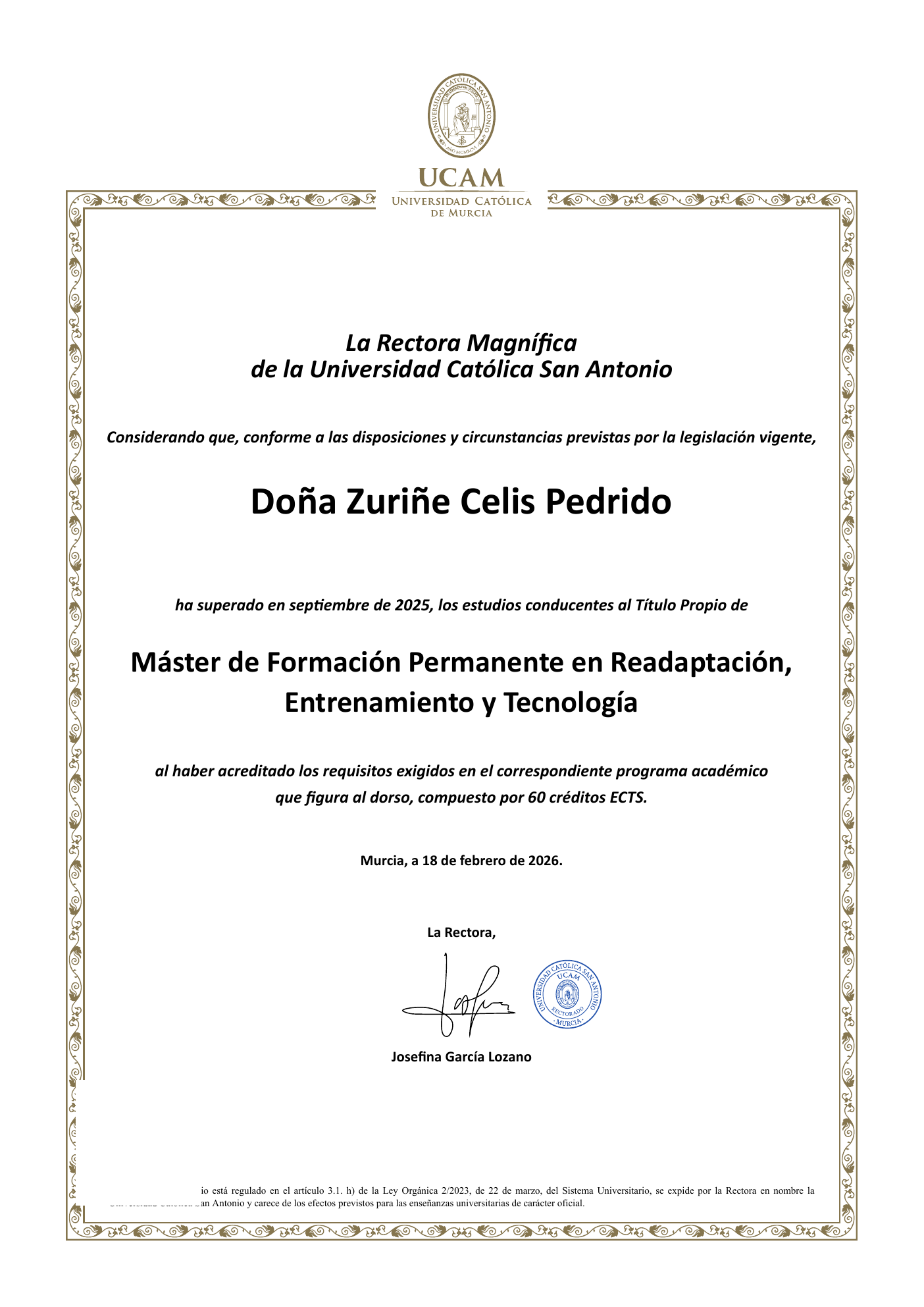 Diploma · Máster INTECC XVI Readaptación, Entrenamiento y Tecnología